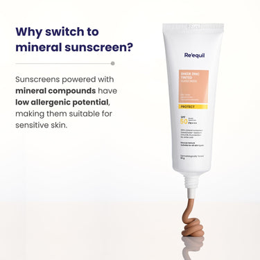 RE' EQUIL Sheer Zinc Tinted Sunscreen, 100% Mineral-Based Sunscreen UVA, UBV, & IR Protection, Water Resistant With SPF 50 PA+++ For All Skin Types, 50g